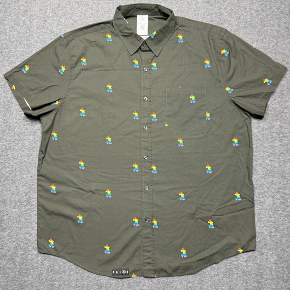Disney Shirt Mens XL Green Mickey Mouse Pride Rainbow LGBTQ+ Hawaiian Button - Picture 1 of 11